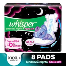 Whisper Bindazzz Night Koala Soft XXXL+ Sanitary Pads - 85% Longer With Upto 0% Leaks, 8 Pads
