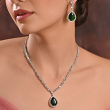 Fida Wedding Green Silver Plated Geometric American Diamond Jewellery Set for Women