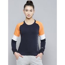 Alcis Women Navy Blue Orange Colour Blocked Cotton Sweatshirt With Side Applique Prints