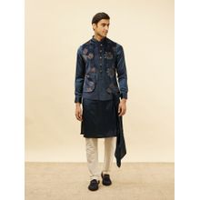 Manyavar Mens Blue Velvet Printed Kurta Pyjama Jacket (Set of 3)