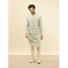 Manyavar Mens Green Blended Linen Printed Kurta Trouser Jacket (Set of 3)