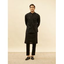 Manyavar Mens Black Blended Viscose Self Design Kurta Trouser Jacket (Set of 3)