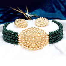 Sukkhi Amazing Gold Plated Dark Green Pearl Choker Necklace Set For Women