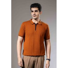 GRITSTONES Men Orange Textured Premium Flat Knit Polo T-Shirt