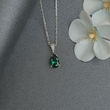 CLARA Silver Rhodium Plated Swiss Zirconia Dark Green Tear Drop Pendant With Chain