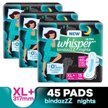 Whisper Bindazzz Night Thin XL+ Sanitary Pads for upto 0% Leaks-40% Longer with Dry top sheet,45 Pad
