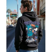 Bewakoof Men's Black Reckless Graphic Printed Oversized Hoodies