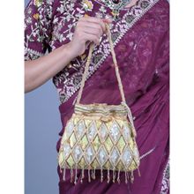 Odette Yellow and White Sequins Embellished Tassels Potli Bag for Women
