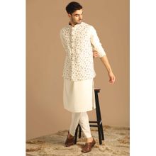 Manyavar Cream Cotton Floral Print Kurta & Jacket with Pyjama (Set of 3)