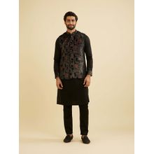 Manyavar Black Velvet Print Stone work Embroidery Kurta & Jacket with Churidar (Set of 3)