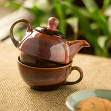 ExclusiveLane 'Kettle-Cup Of Maroon Dusk' Studio Pottery Glazed Tea Set In Ceramic