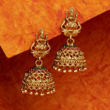 Fida Wedding Ethnic Gold Lakshmi Temple Red and Green Stone Jhumka Earrings