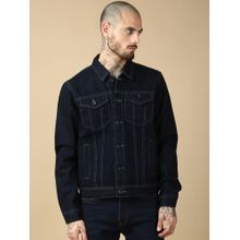 necked Men Navy Blue Pure Cotton Classic Trucker Jacket