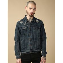 necked Blue Men Pure Cotton Classic Trucker Jacket