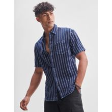 LOCOMOTIVE Premium Men Blue Washed Dobby Textured Striped Casual Shirt