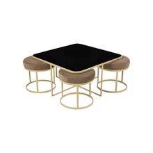 Claymint Benton Nesting Black Glass Coffee Table Set with 4 Stools In Gold Finish