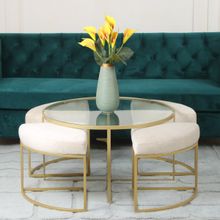 Claymint Benton Nesting Clear Glass Coffee Table Set with 4 Stools In Gold Finish