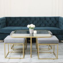 Claymint Benton Nesting Clear Glass Coffee Table Set with 4 Stools In Gold Finish