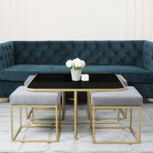 Claymint Benton Nesting Black Glass Coffee Table Set with 4 Stools In Gold Finish