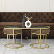 Claymint Benton Nesting Clear Glass Coffee Table Set with 2 Stools In Gold Finish
