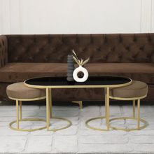 Claymint Benton Nesting Black Glass Coffee Table Set with 2 Stools In Gold Finish