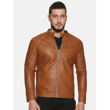 SHOWOFF Brown Casual Slim Solid Leather Jacket