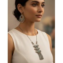 Gahan Women Oxidized Silver-Plated Tribal Jewellery Set with Chain Tassels & Colored Stones