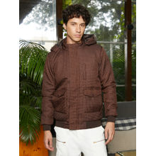 Campus Sutra Chocolate Brown Self-Design Diamond Puffer Jacket with Fleece Hood