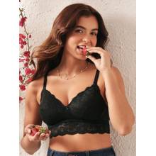 Clovia Lace Solid Padded Full Cup Wire Free Bralette Bra - Black