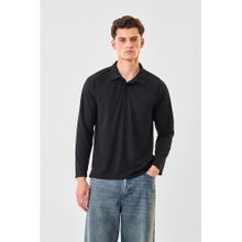 Snitch Black Polyester Blend Full Sleeves Slim Button Fly Polo T-Shirt