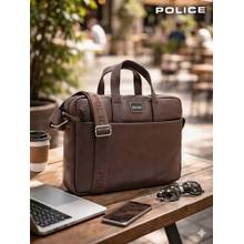Police Men Brown Leather 15 Laptop Messenger Briefcase Bag