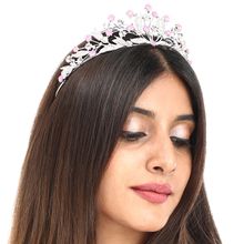 Yellow Chimes Women Silver Plated White & Pink Crystal Studded Floral Tiara
