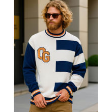 Bewakoof Men's White & Blue Color Block Oversized Sweater