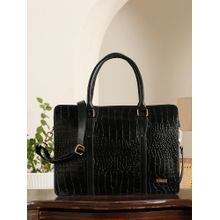 Teakwood Black Crocodile Textured Leather Handbag With Detachable Strap