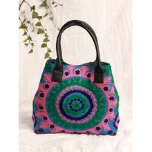 TJORI Bags Floret Blue Kantha Embroidery Tote Bag