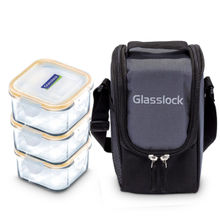 Glasslock Airtight Break Resistant Food Storage Container,Square, 490 ml set of 3,with Bag