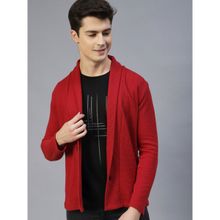 RIGO Men Maroon Shawl Collar Waffle Knit Jacket