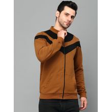 RIGO Men Camel Brown Color Blocked High Neck Fleece Jacket