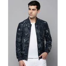 SHOWOFF Mens Mandarin Navy Blue Solid Leather Jacket