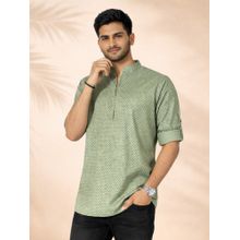 JBN Creation Men Green Cotton Blend Digital Polka Print Short Kurta