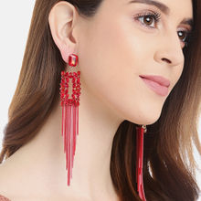 YouBella Red Pink Stone-Studded Tasselled Geometric Drop Earrings