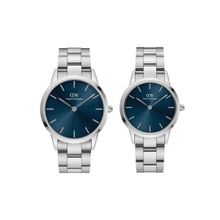 Daniel Wellington Couple Watch Gift Set Iconic Link Artic 40mm & 32mm Blue Dial Silver Watches