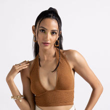 MIXT by Nykaa Fashion Brown Textured Backless Halter Neck Crop Top