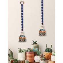 Gathari Macrame Ceramic Blue Floral Bell Home Wall Hanging (Pack of 2)