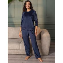Chelvet Women Navy Blue Velvet Solid Sweatshirt with Pyjama