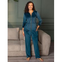 Chelvet Women Teal Velvet Solid Jacket with Pyjama