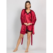 Chelvet Women Red Satin Solid Nightdress with Robe and Belt