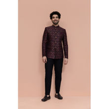 KISAH Men Maroon Self Design Jodhpuri Bandhgala with Pant