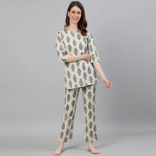 Jaipur Kurti Women Blue Ethnic Print Straight Cotton Flex Short Kurta With Pyjamas (Set Of 2)