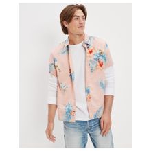 American Eagle Men Pink Tropical Button Up Resort Shirt